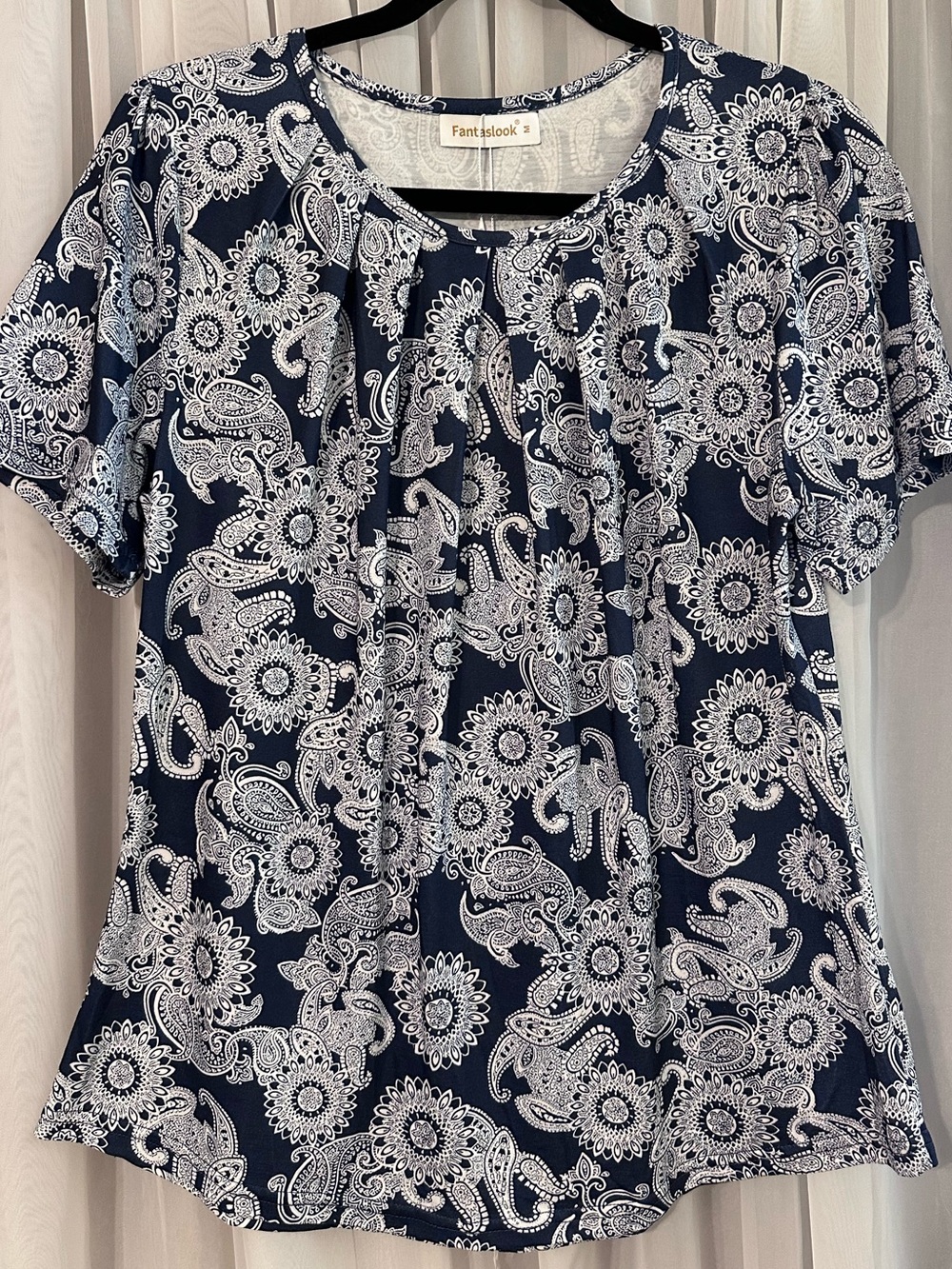 Navy and White Paisley Soft Short Sleeve Top Size M